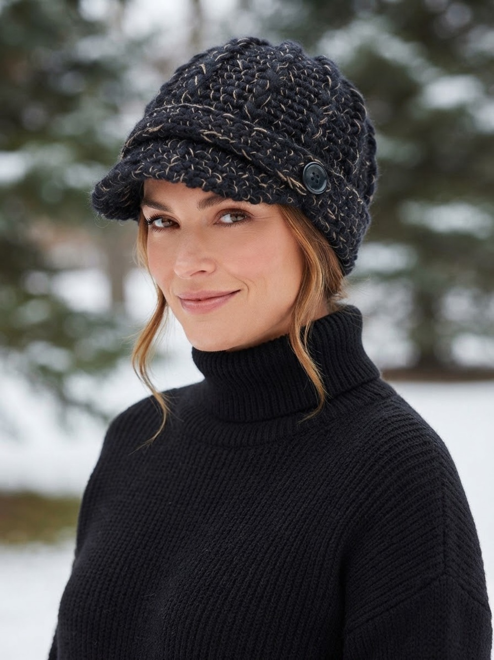 Pistil Women’s Chunky Knit Cap Hat Black with Tan Flecks Visor Brim Button OS